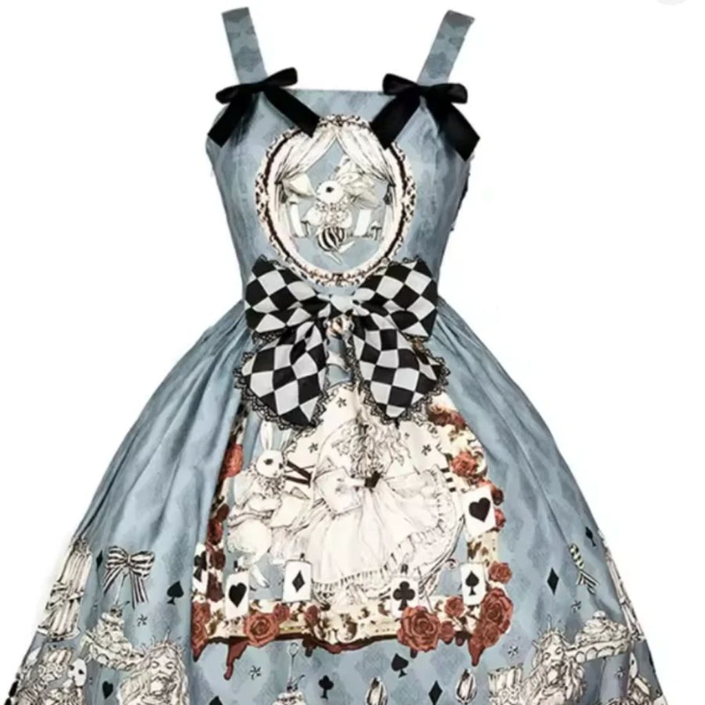 Blue Gothic Lolita JSK dress front print and checkerboard bow detail