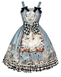 Blue Alice-inspired Gothic Lolita JSK dress with checkerboard bow