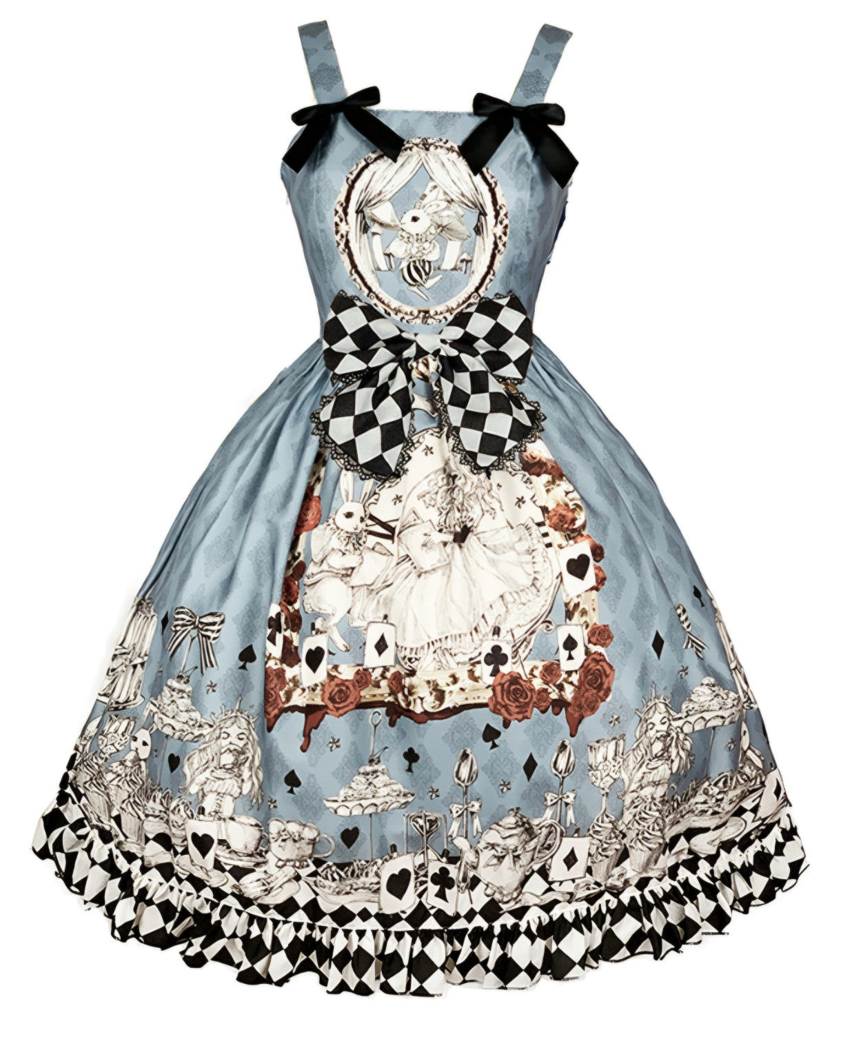 Blue Alice-inspired Gothic Lolita JSK dress with checkerboard bow