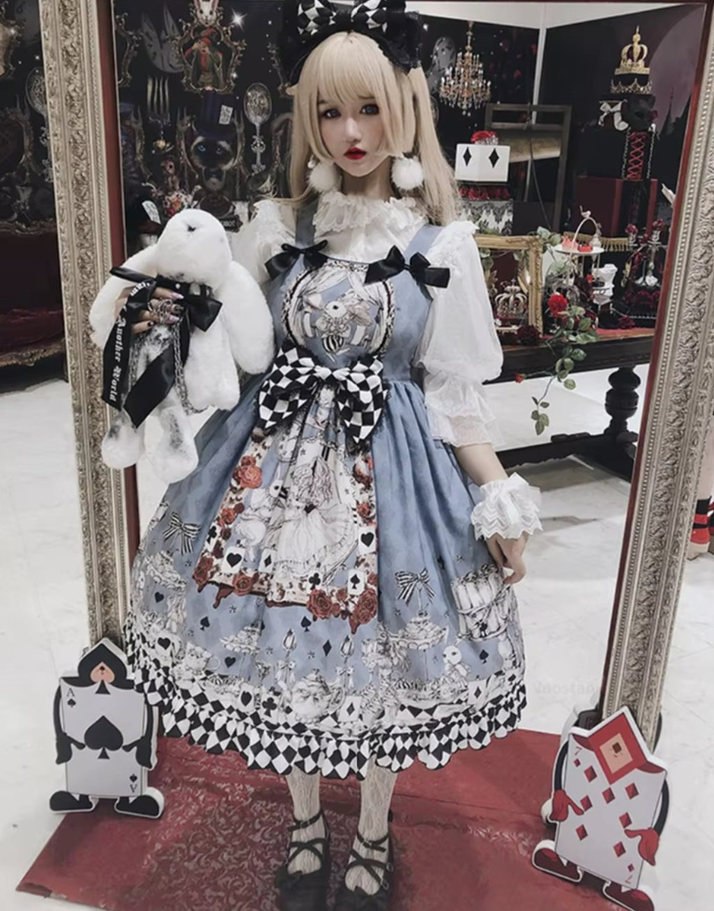 Blue Gothic Lolita JSK dress styled over a white blouse