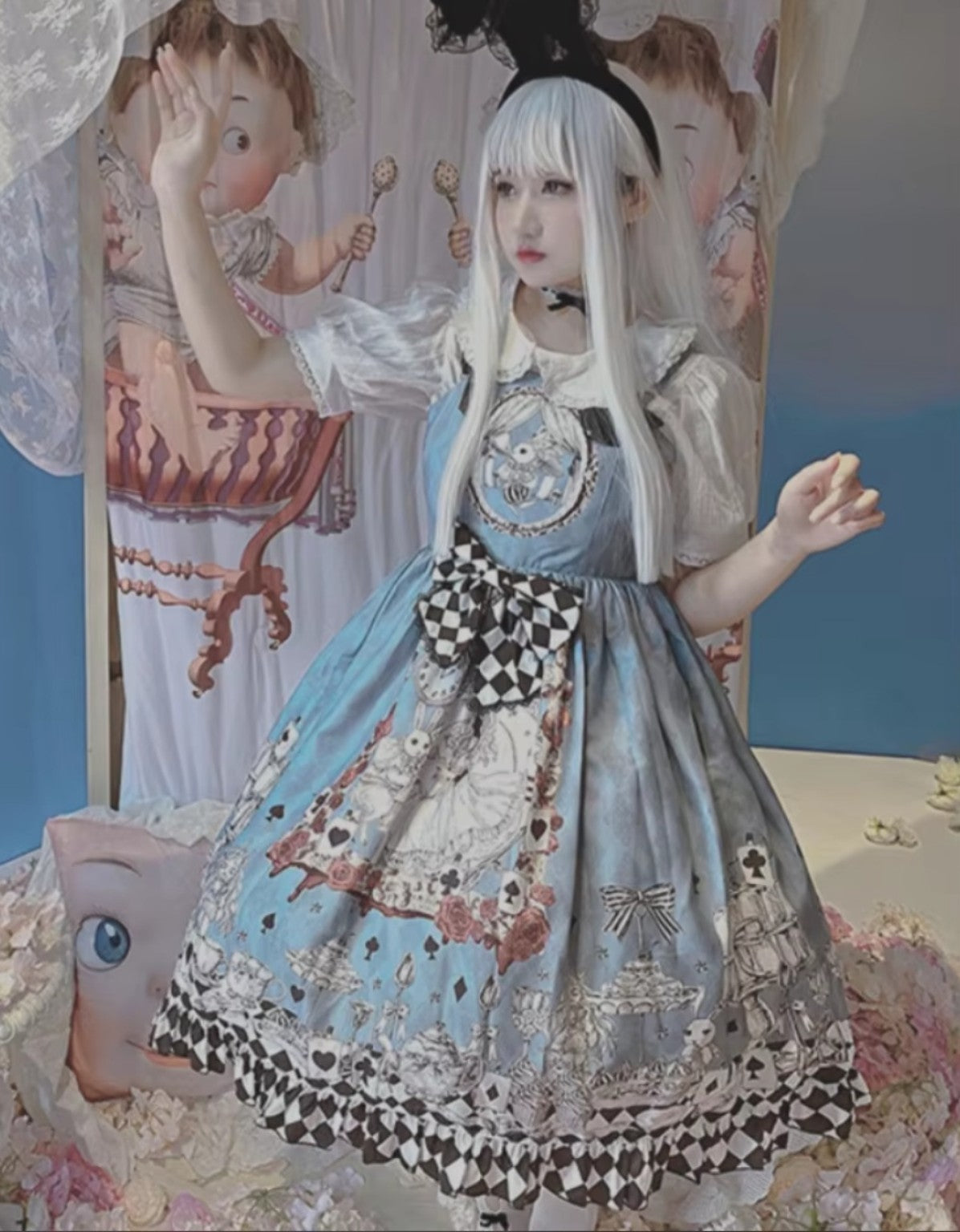 Blue Alice-inspired Lolita JSK dress styled with white blouse