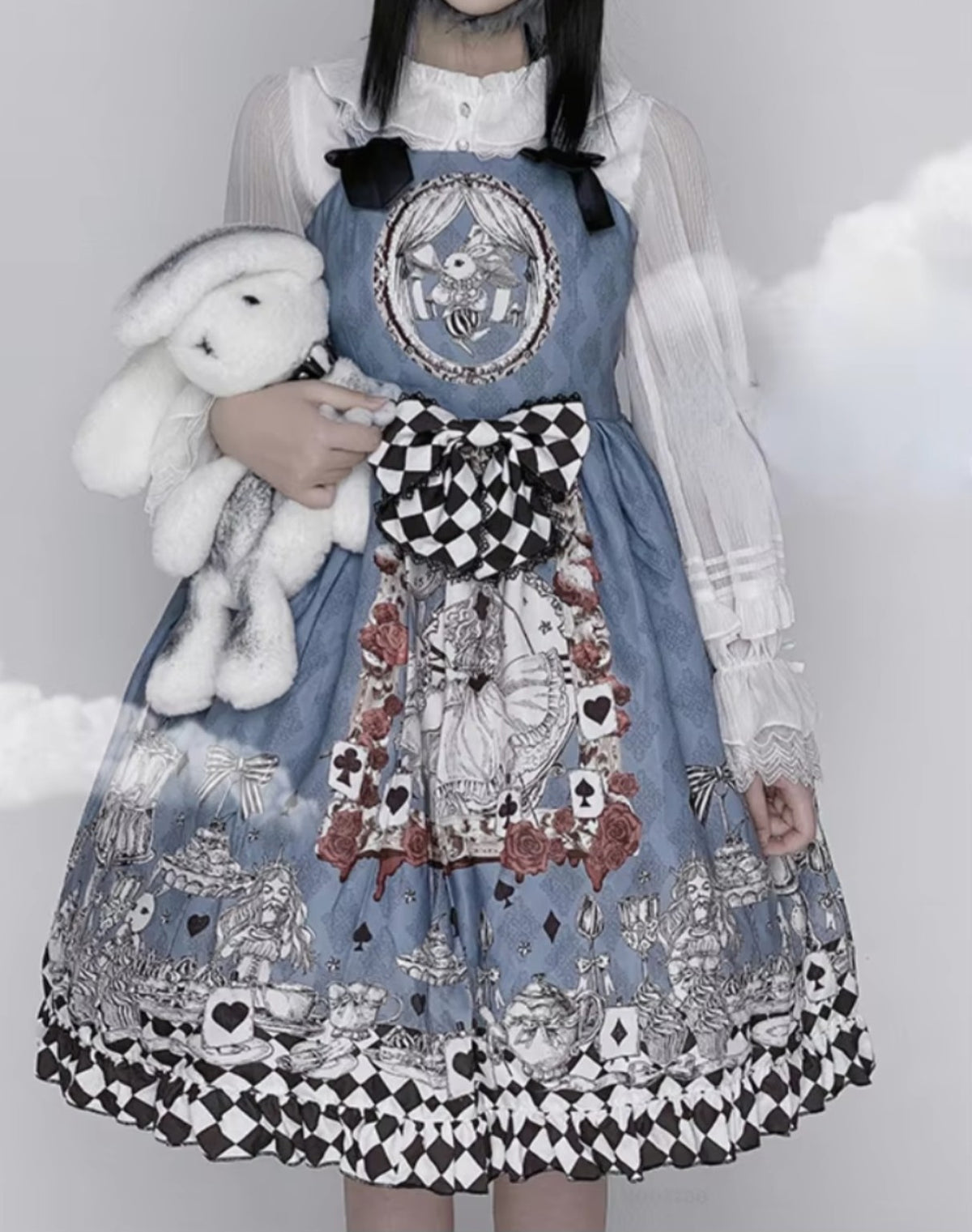 Blue Gothic Lolita JSK dress checkerboard and playing card print