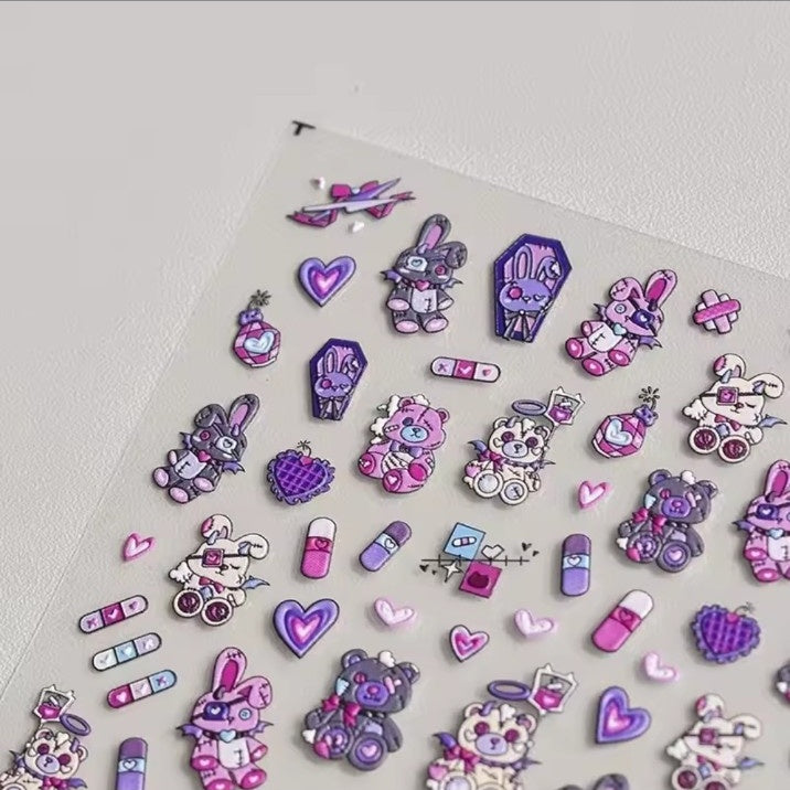 Dark bunny bear capsule heart 3D nail art stickers