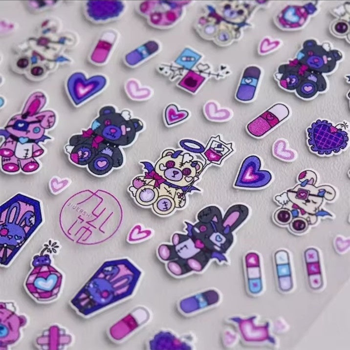 Dark kawaii bunny bear capsule heart nail sticker sheet
