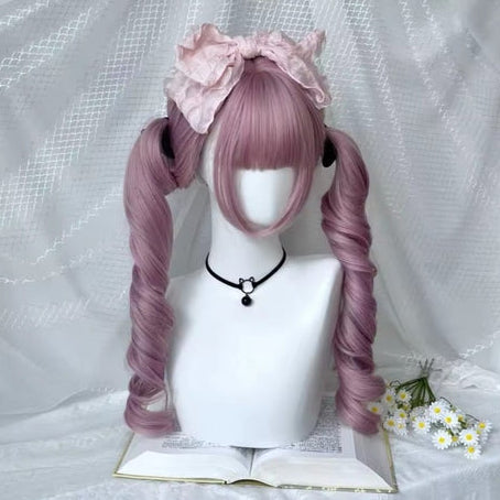 Dusty rose curly twin-tail Lolita wig with bangs and bow