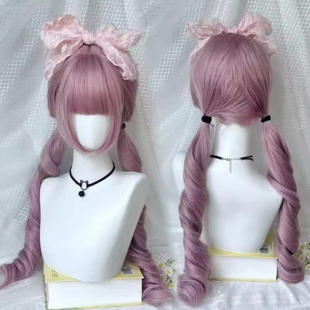 Dusty rose twin-tail Lolita wig front and back view