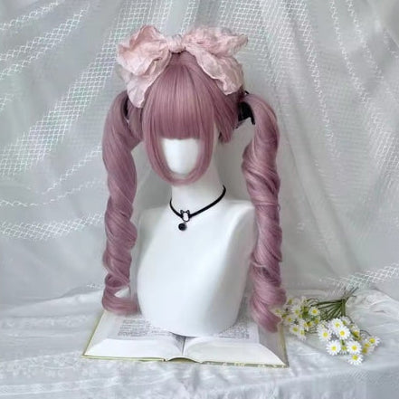 Dusty rose curly twin-tail Lolita wig front view
