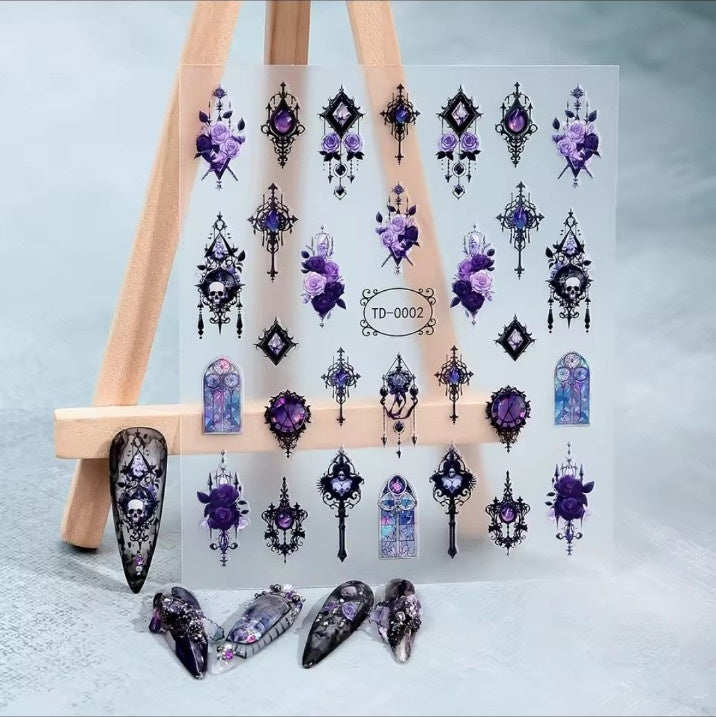 Purple gothic rose and ornate frame nail sticker sheet