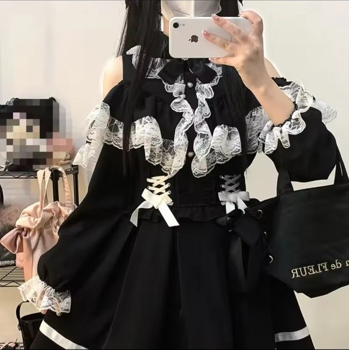 Lace Ruffle Blouse and Skirt Set - black blouse with black skirt