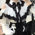 Lace Ruffle Blouse and Skirt Set - white blouse with black skirt