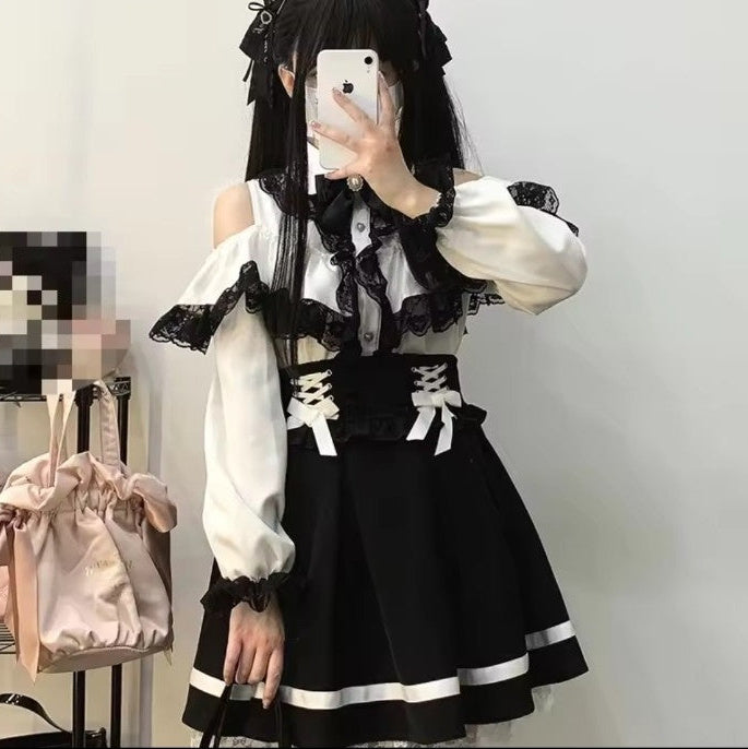 Lace Ruffle Blouse and Skirt Set - white blouse and black skirt outfit