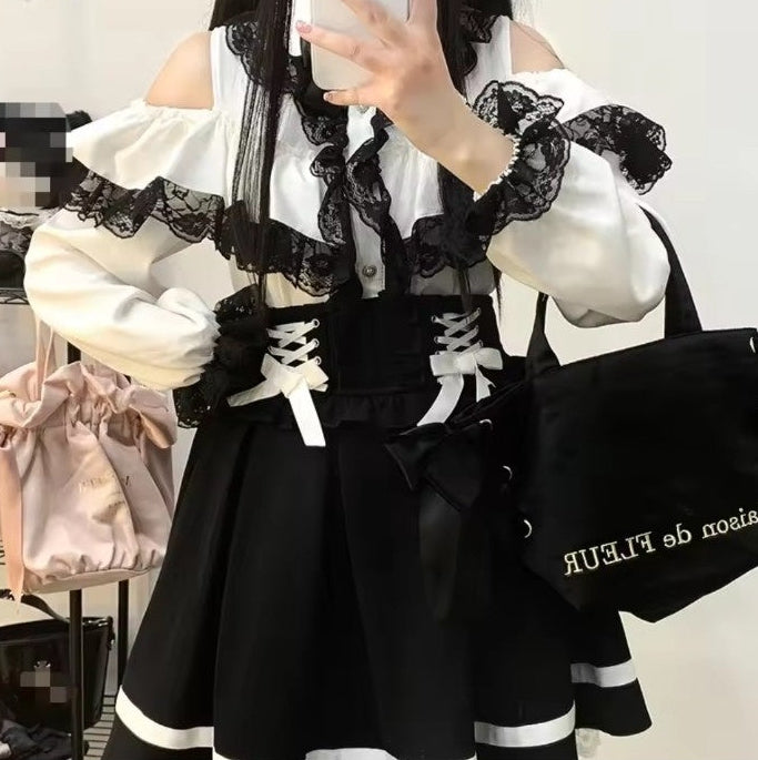 Lace Ruffle Blouse and Skirt Set - white blouse with black skirt styling