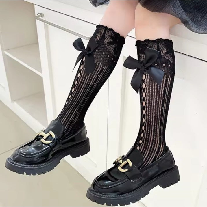 Black Lolita knee high bow socks