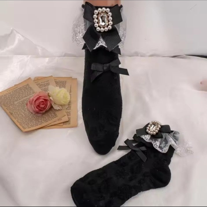 Black lolita lace ankle socks with ribbon bows and jewel detail