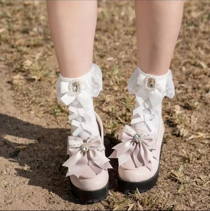 White lolita lace ankle socks with bow and jewel detail
