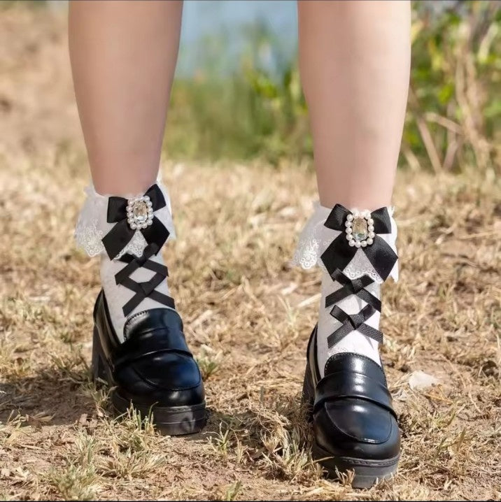 Black and white lolita lace ankle socks with ribbon bow and jewel detail