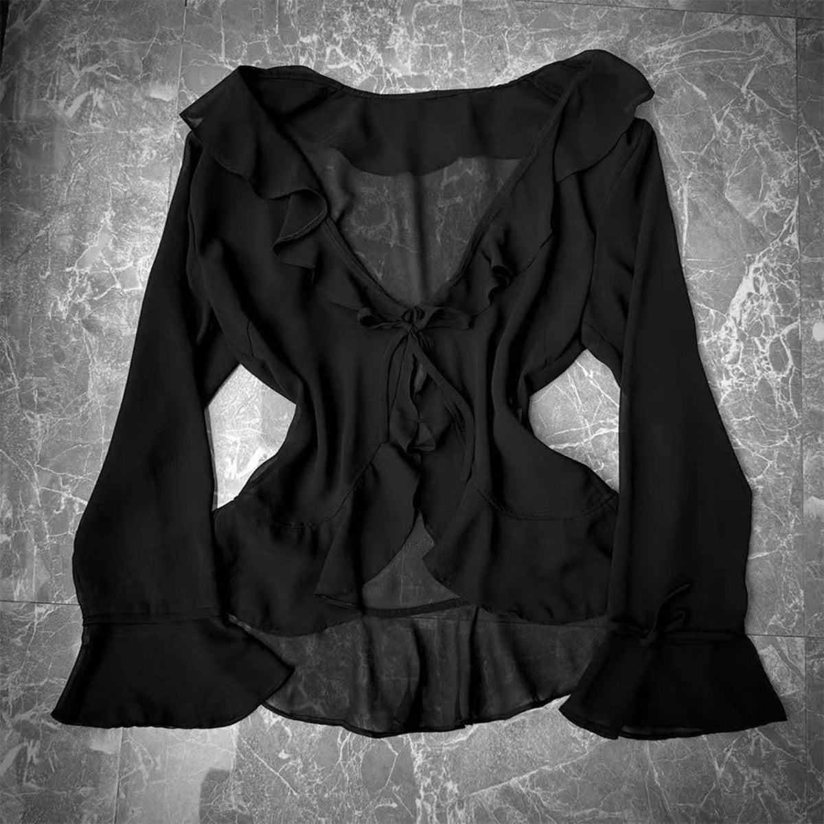 Black ruffle cardigan from Midnight Violet Pleat Set