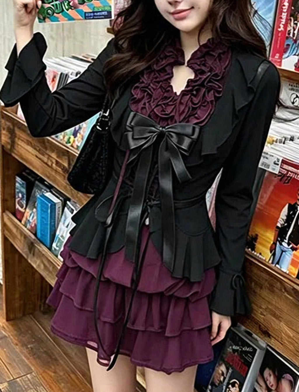 Midnight Violet Pleat Set worn with black cardigan and violet ruffle dress