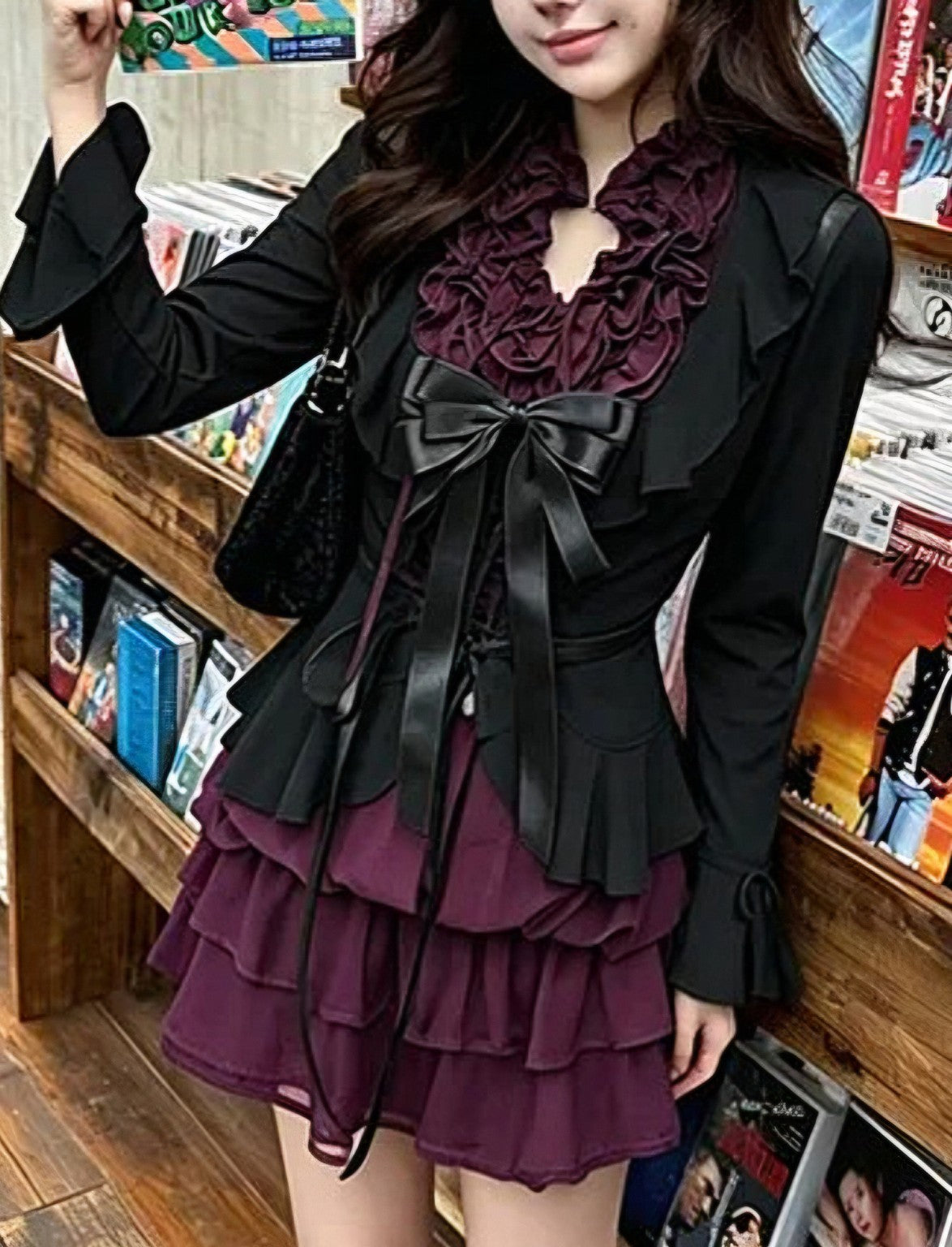 Midnight Violet Pleat Set worn with black cardigan and violet ruffle dress