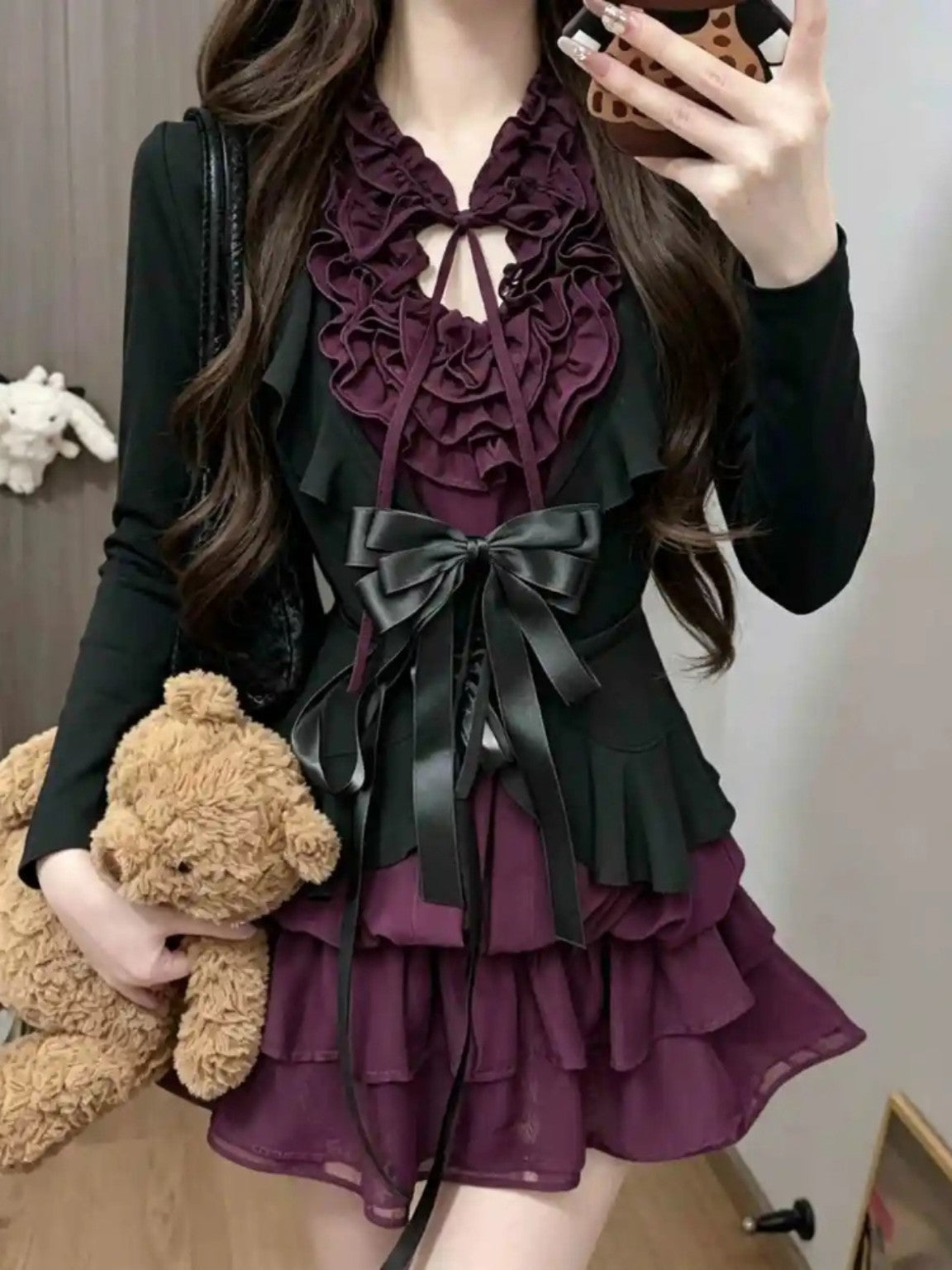 Midnight Violet Pleat Set styled with black cardigan and violet ruffle dress