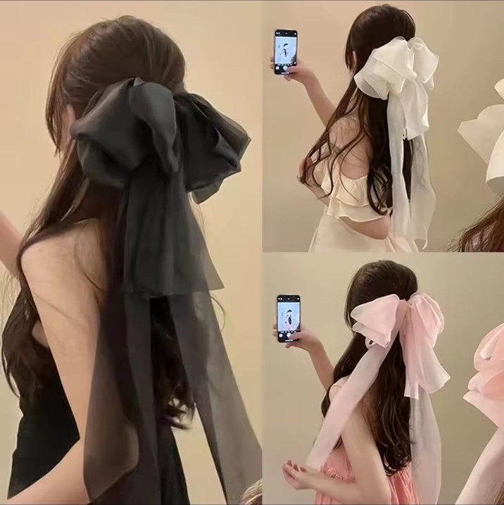 Black cream and pink oversized fairy ribbon bow hair clips