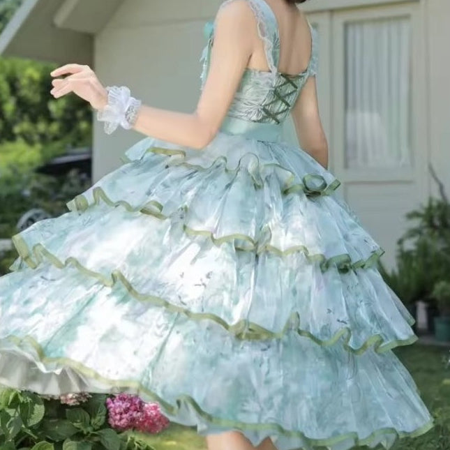 Mint green Pastel Garden Princess Dress back view