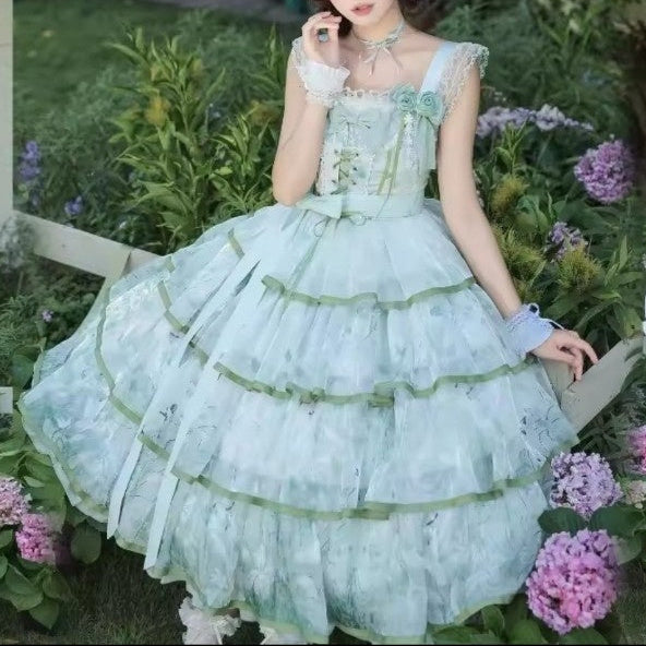 Mint green Pastel Garden Princess Dress in garden setting