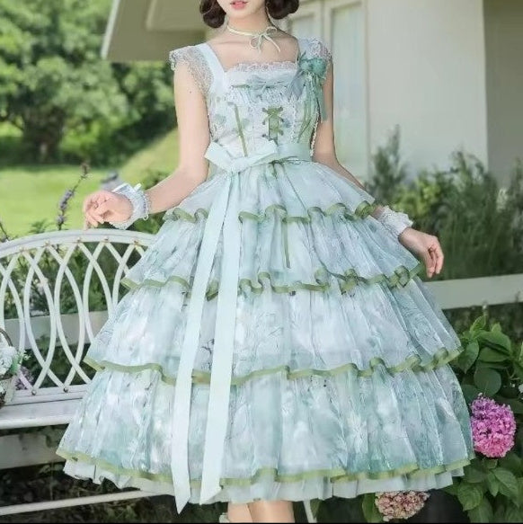 Pastel Garden Princess Dress in mint green floral Lolita style