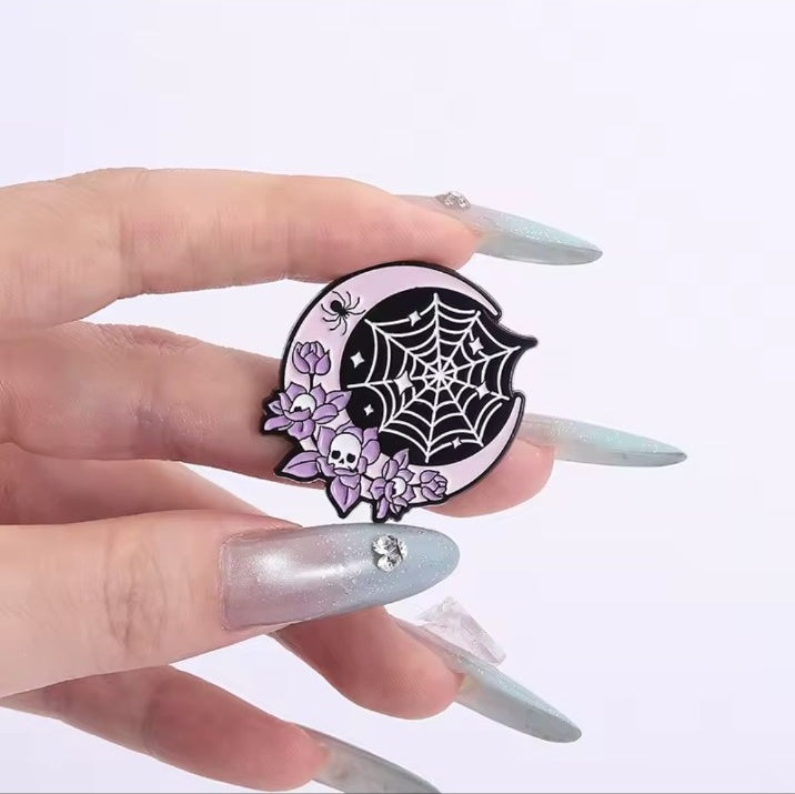 Pastel goth spiderweb floral enamel brooch