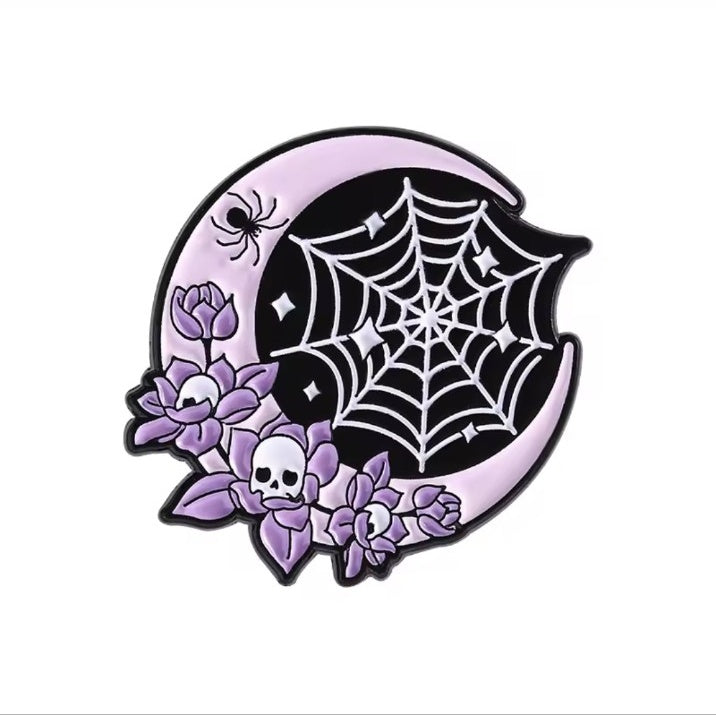 Pastel goth moon spiderweb enamel brooch