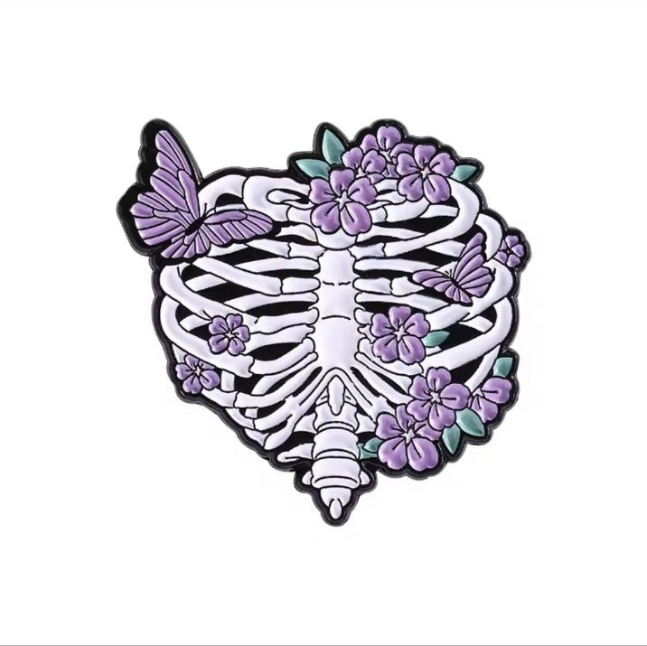 Pastel goth skeleton floral enamel brooch