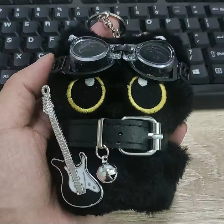 Punk black cat keychain with goggles, bell and guitar charm