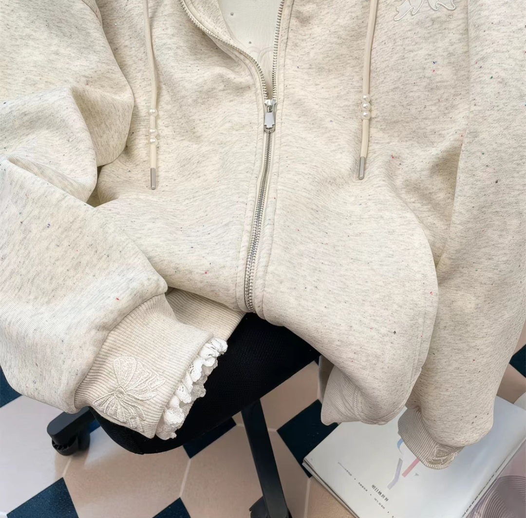 Lace Bow Zip Hoodie