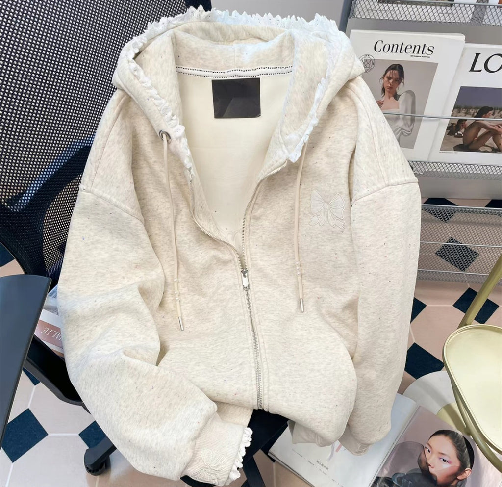 Lace Bow Zip Hoodie
