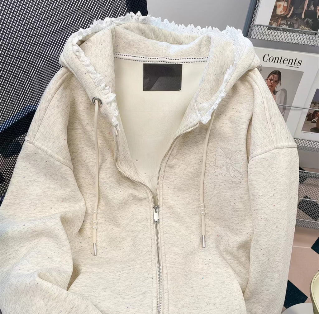 Lace Bow Zip Hoodie