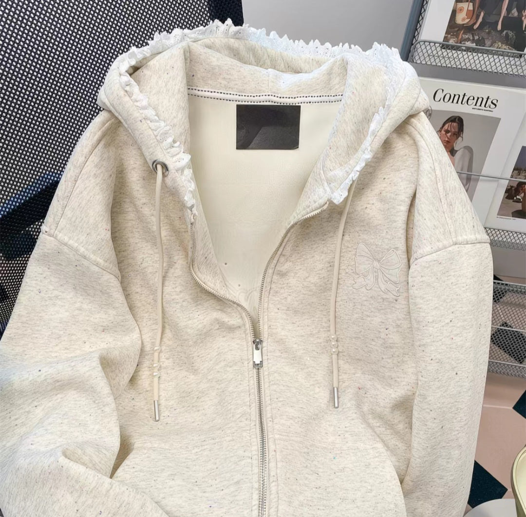 Lace Bow Zip Hoodie