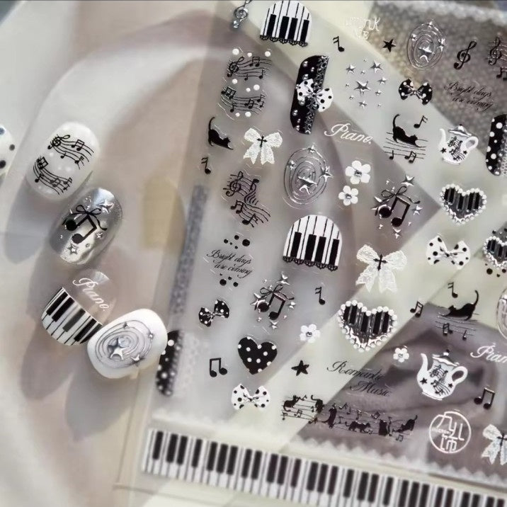 Black and white music themed 5D nail decal sheet