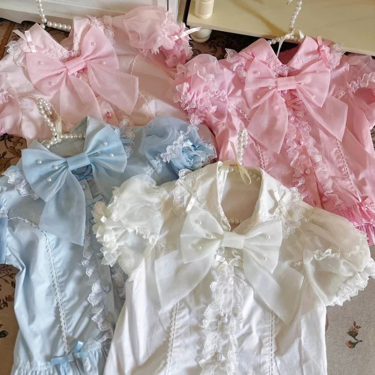 Strawberry Secret Lace Blouse in pink blue and white