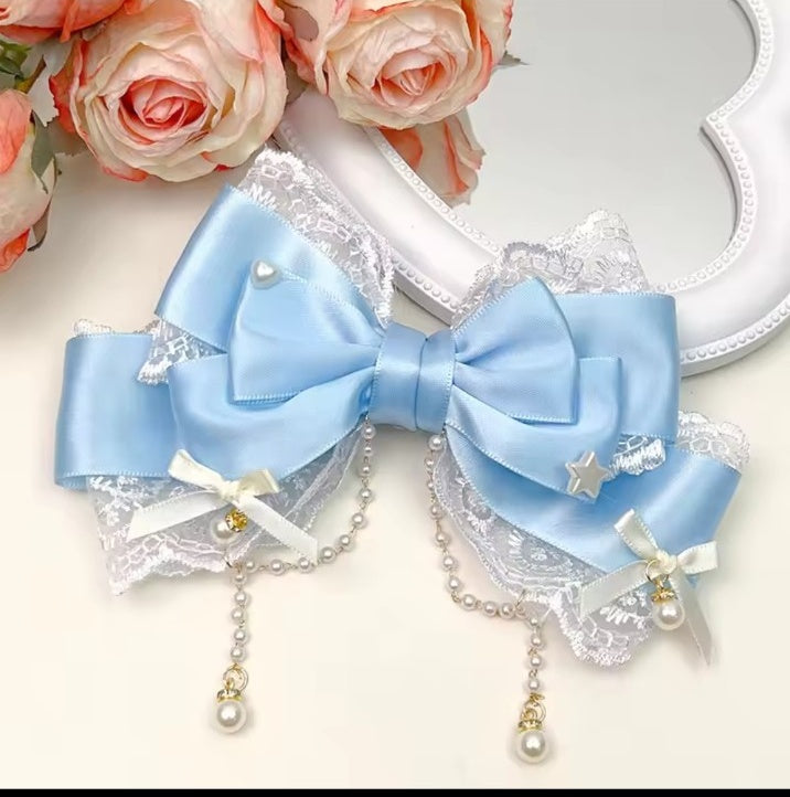 Blue lace pearl chain bow hair clip