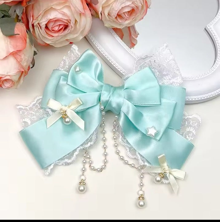 Mint lace pearl chain bow hair clip
