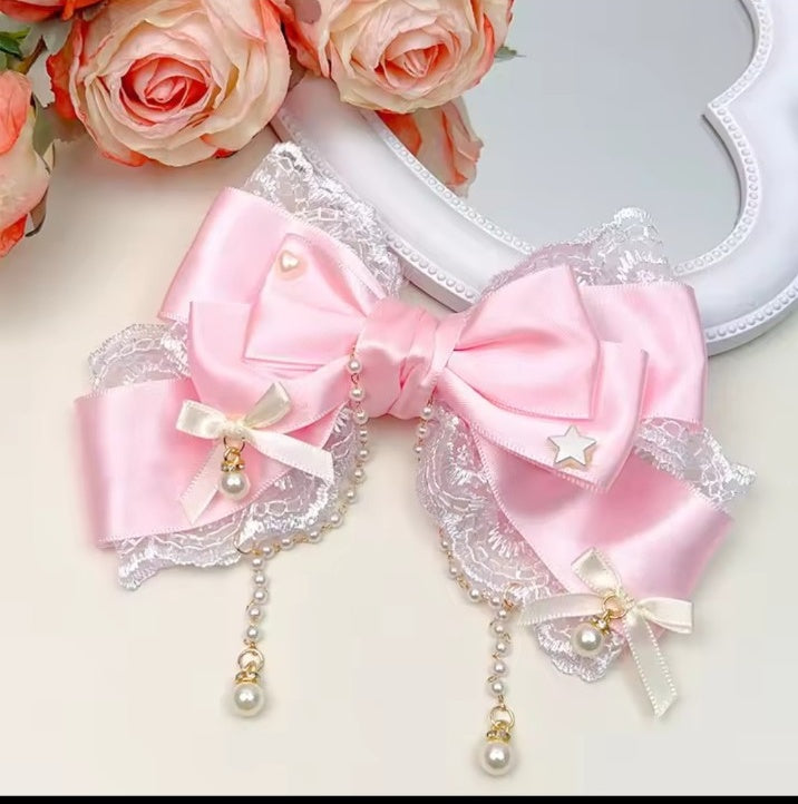 Pink lace pearl chain bow hair clip