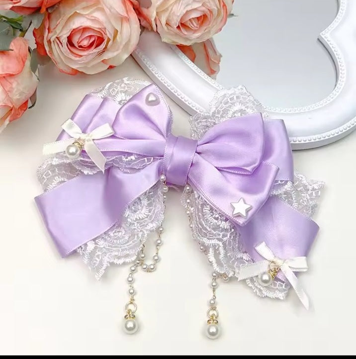 Purple lace pearl chain bow hair clip