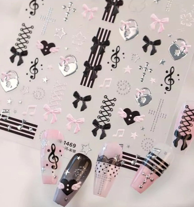 Black and pink bow music heart nail stickers