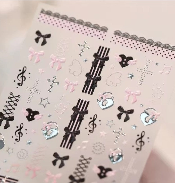 Black pink bow cross music note nail sticker sheet