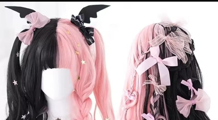 Black and pink split long wavy synthetic wig with bangs