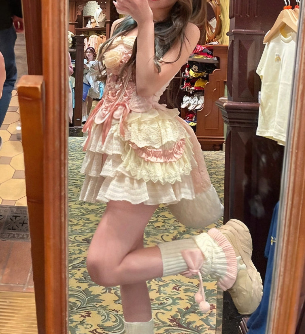 Pink lace corset and cake shorts set styled outfit