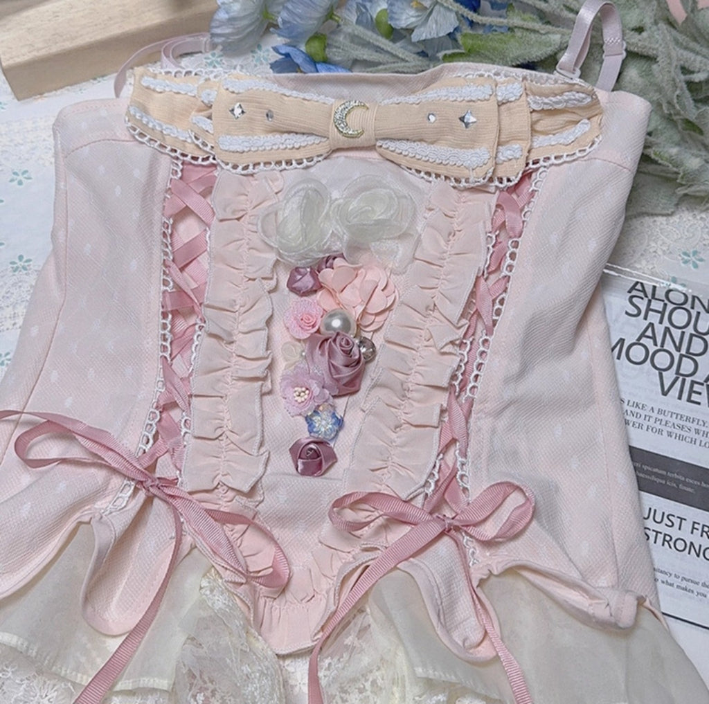 Pink bow corset and lace shorts two piece fashion set