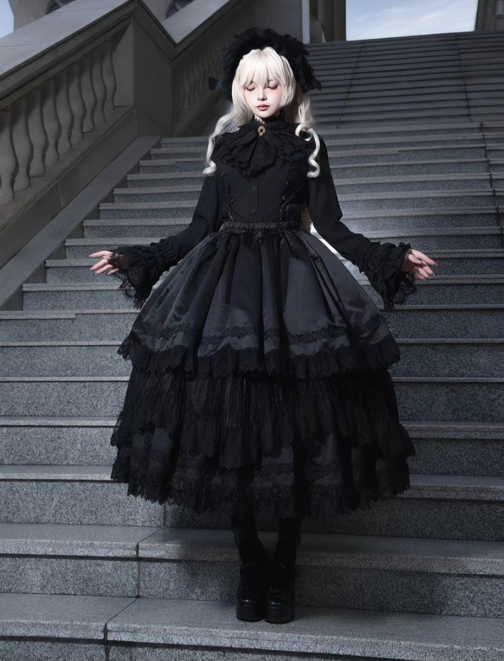 Black Gothic Lolita shirt and skirt set full outfit
