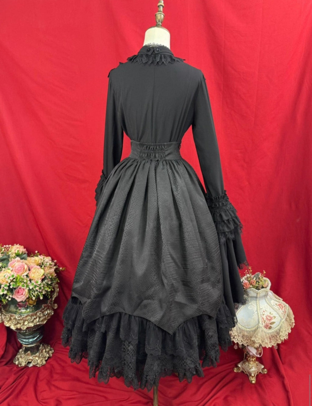 Black Gothic Lolita layered skirt and shirt set back view