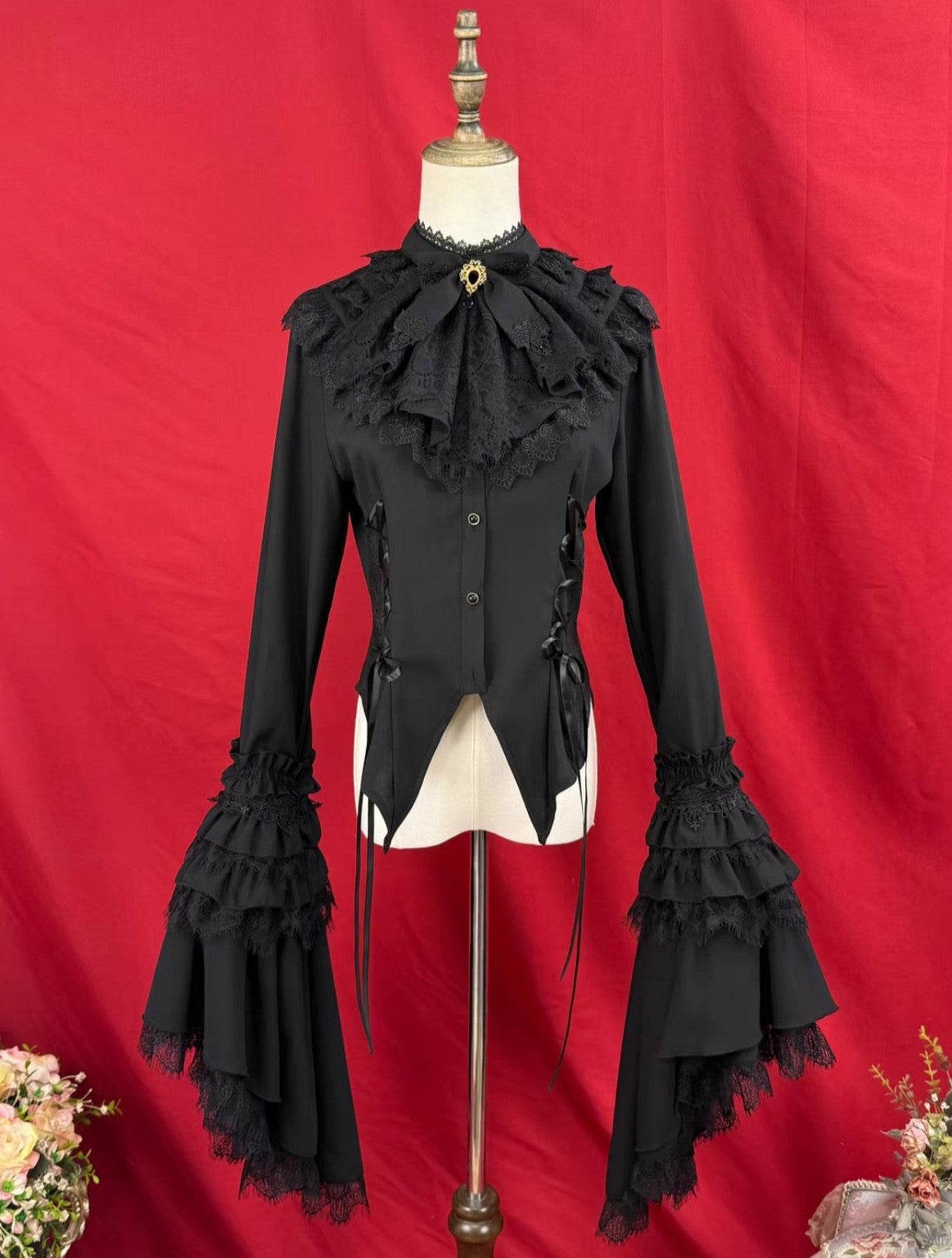 Black Gothic Lolita ruffle lace long sleeve shirt